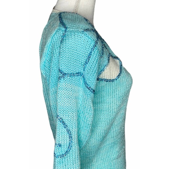 Vintage Charlotte VanHorne Turquoise Blue White Embellished V Neck Sweater Sz L - Picture 4 of 10